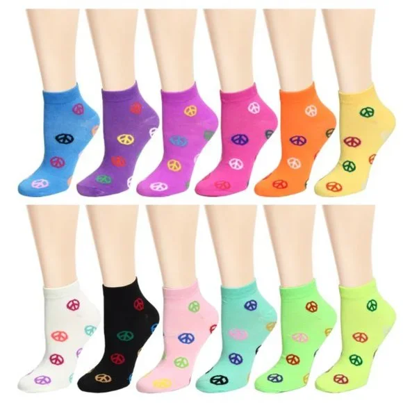 - 12 Pairs Assorted Colors Women's Ankle Socks Size 9-11 Peace Sign - Picture 3 of 6